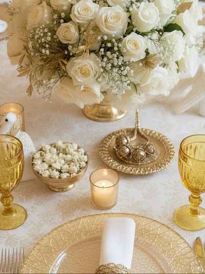 A beautifully styled table setting featuring gold-accented glassware and plates, complemented by a small bowl of white buds and a single candle for a warm, intimate glow.