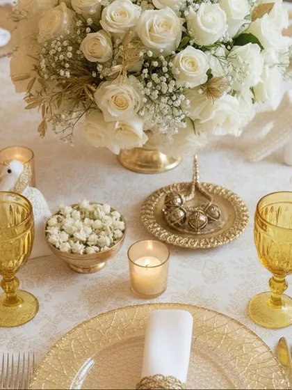An impeccably set dining table with gold charger plates, amber glassware, and a centerpiece of white roses. The attention to detail creates a luxurious and cohesive dining experience for guests.