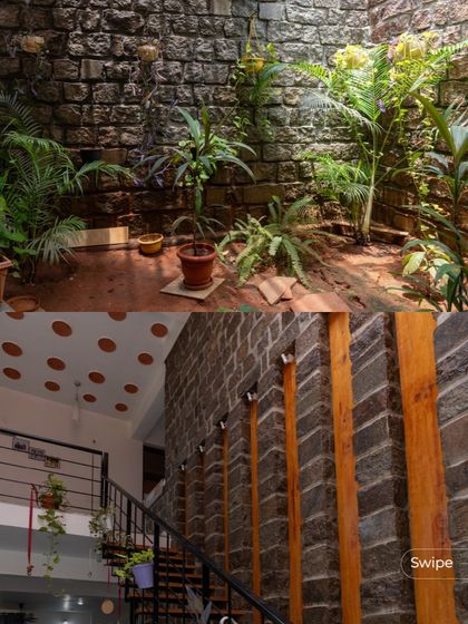A split image showing the indoor garden at the base of the courtyard and the intricate detail of the stone and wood staircase above.