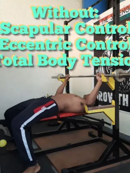 This image illustrates a bench press without proper control. You can see the lack of scapular control, eccentric control, and total body tension, which leads to a weak and inefficient lift.