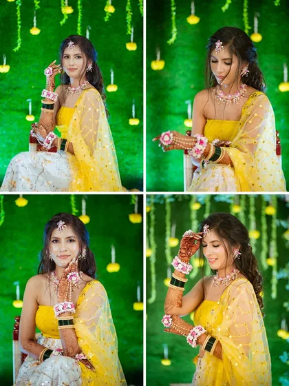 A collage showcasing the bride's many happy expressions during her Haldi shoot. From playful glances to serene smiles, I capture the full range of emotions that make the day special.