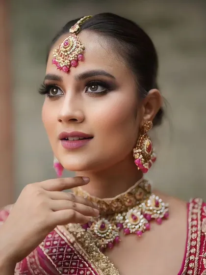 A sophisticated look with a smokey eye and a matte pink lip, paired with a beautiful pink lehenga.