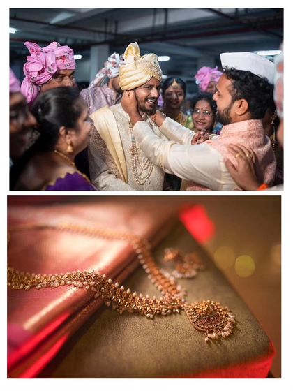 A collage showing the groom's preparations and a detailed shot of the traditional jewelry. This highlights my attention to both the big moments and the small, significant details.