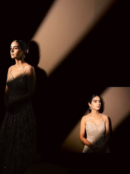 A modern, editorial-style bridal portrait using strong shadows and light to create a dramatic and high-fashion look.