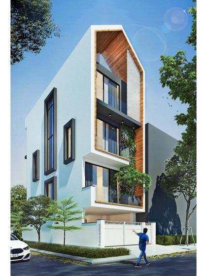 Our design for a residence on a narrow plot, demonstrating how to maximize space and style within constraints. The facade uses a distinctive framed volume and vertical windows to create a sense of height and architectural interest.