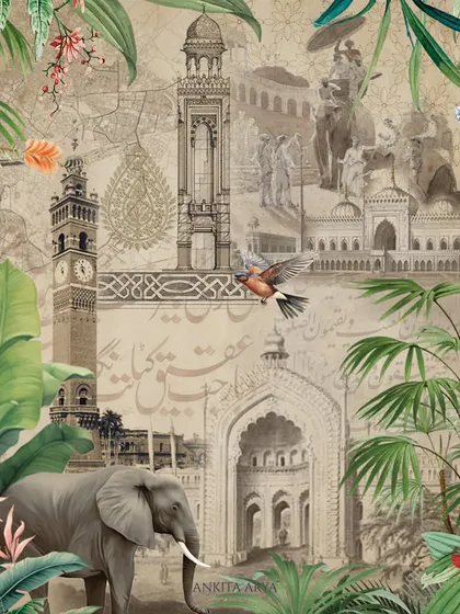 This is the final concept mood board for a large-scale mural designed for a studio in Lucknow. It combines elements of the city's architecture, like the Rumi Darwaza, with tropical flora and fauna to create a rich, layered narrative.