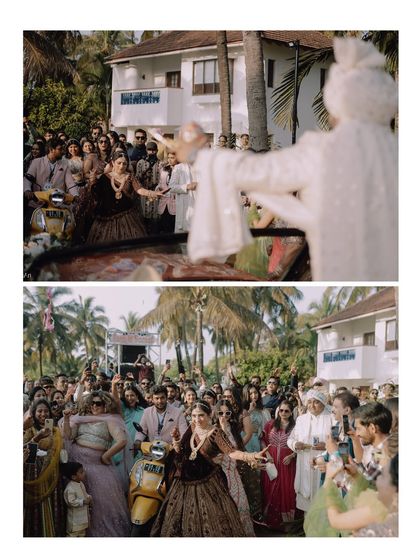 A fun collage showing the bride's unique entry on a scooter, surrounded by her cheering friends and family. This captures the personality and energy of the event.