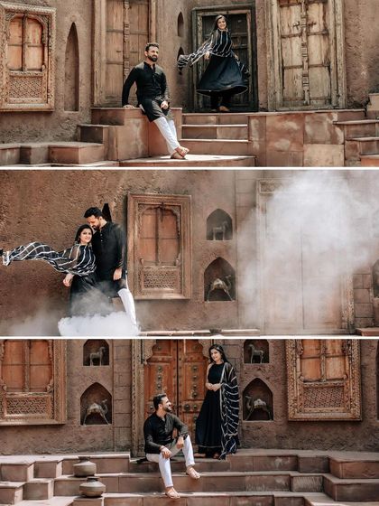 A collage showcasing a rustic and dramatic theme. The use of smoke and the traditional setting with black outfits creates a series of powerful and moody pre-wedding portraits.