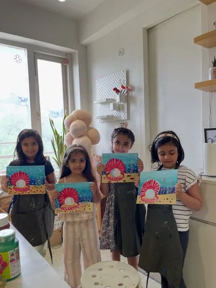 These four friends had a fantastic time painting matching seashell canvases. Our group sessions are a great way for kids to create art together in a fun and social setting.
