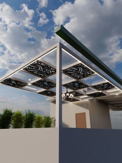 An exterior angle of the 3D glass pergola design. This view is crucial for ensuring the structure's proportions and style complement the home's facade.