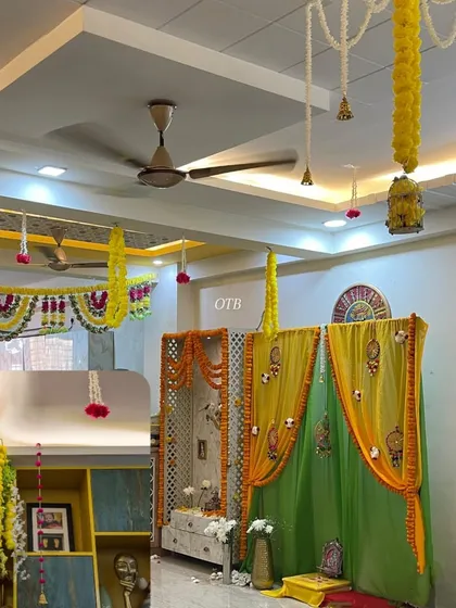 A collage showing different elements of the home pooja decoration, including the main mandap and the floral hangings I used to decorate the ceiling and shelves.