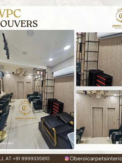 A full view of a salon interior featuring our light wood-grain WPC louvers. The panels cover the walls and even the doors for a seamless, cohesive, and high-end look.