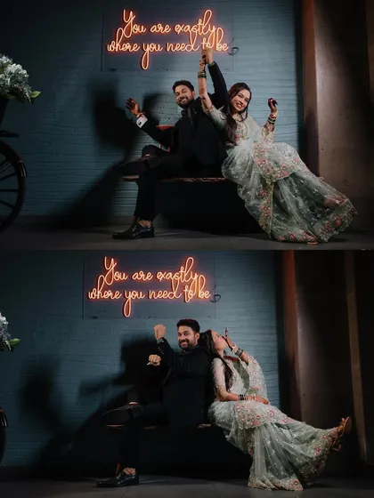 A diptych of a couple having fun under a neon sign. Their playful interactions and laughter create a lively and modern set of wedding portraits.