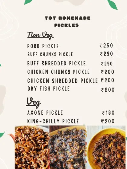 Here is the full menu of my homemade pickles. I have a range of non-veg options like pork and chicken, and veg staples like axone and king-chilli pickle, all made by me.