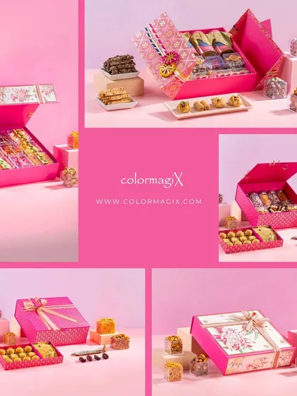 A collage of our vibrant pink wedding bhaji boxes. These multi-compartment boxes are perfect for presenting a variety of sweets and savories in a colorful and organized manner.