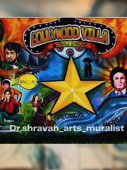 A throwback to one of my earlier works, a vibrant Bollywood-themed mural full of famous actors and dialogues.