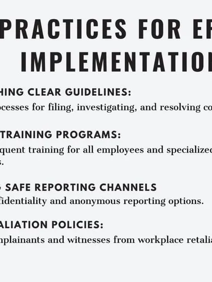 This slide outlines best practices for effective implementation of the POSH Act. It includes establishing clear guidelines, conducting regular training, creating safe reporting channels, and enforcing strict anti-retaliation policies.