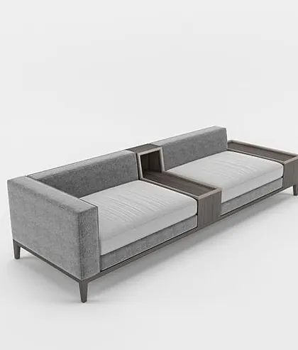 A product shot of our sleek, modern sofa with an integrated wooden side table and console, isolated on a white background to highlight its clean lines and design.