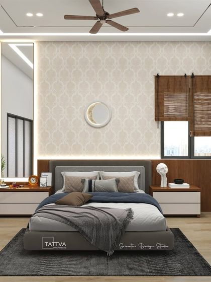 A bedroom render showing a different style with a damask pattern wallpaper, wooden accents, and traditional window blinds.