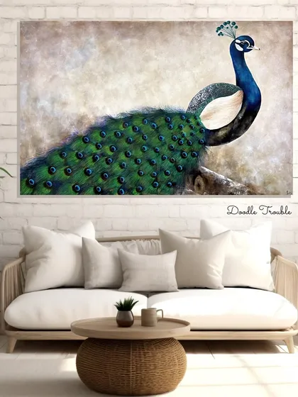 This large peacock canvas brings raw, natural elegance indoors. I used an earthy, textured background to make the deep greens and blues of the peacock's feathers pop, creating a statement piece that feels both grand and serene.