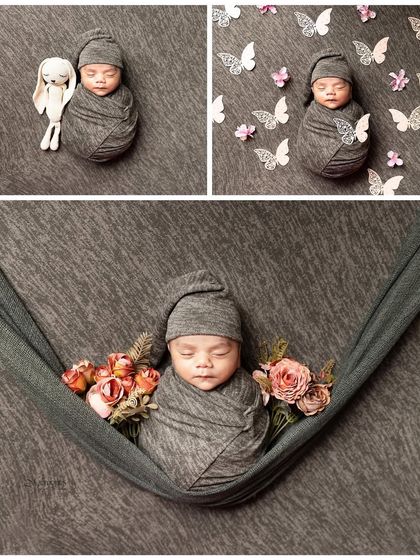 Tiny fingers, tiny toes, the sweetest little squish. This collage shows different newborn poses, from being nestled in a hammock to cuddling a small toy.