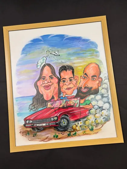 A joyride full of love and laughter! This framed caricature shows a super cute family cruising in their convertible, capturing their bond and sense of adventure.