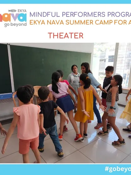A group of children participates in a theater game, learning to express themselves and collaborate. Theater is a vital part of my Mindful Performers Program, building confidence and communication skills.