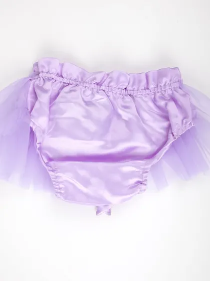 The back view of the lavender satin and tulle diaper cover.