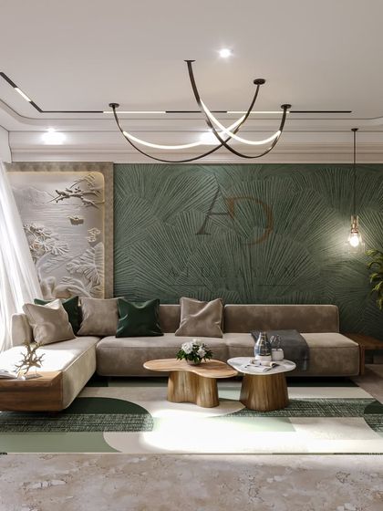 A wide view of a living room with a unique green textured wall, a 3D art panel, and a modern curved chandelier, creating a nature-inspired contemporary look.
