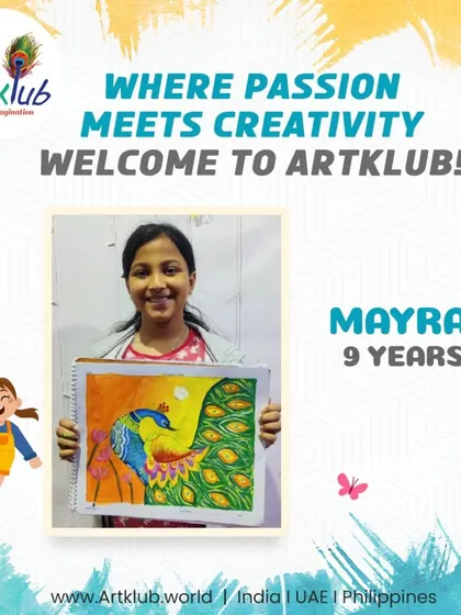 Students explore a variety of subjects and styles, including traditional Indian art. Nine-year-old Mayra beautifully captures the vibrant colors and grace of a peacock, our national bird.