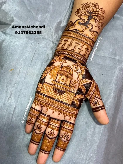 A beautiful design featuring a palace facade on the palm. The wrist is adorned with a pastoral scene of deer under a tree, adding a unique touch to the traditional architecture.