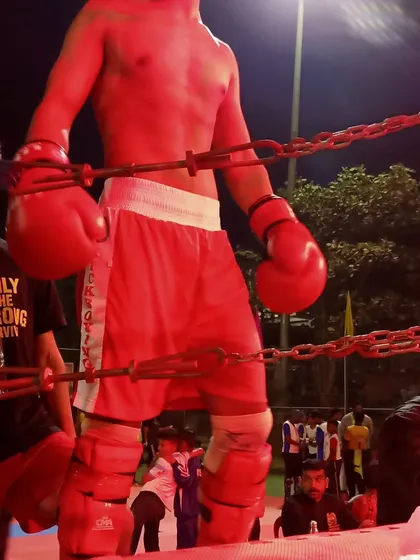 A close-up of our fighter, showing the intensity and focus required to compete at this level.