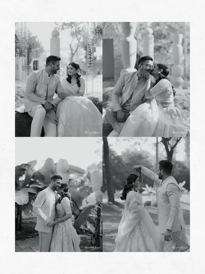 A collage of playful and romantic black and white portraits of the couple. These candid moments beautifully capture their chemistry and the fun they have together.