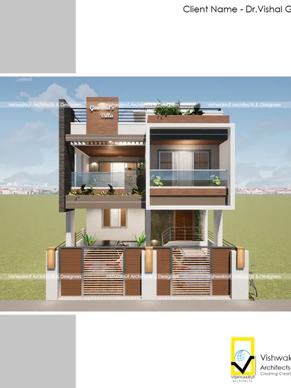 The front elevation of 'Gawand's Villa' in Uran. This view clearly shows the interplay of balconies, projections, and materials that give the bungalow its unique modern character.
