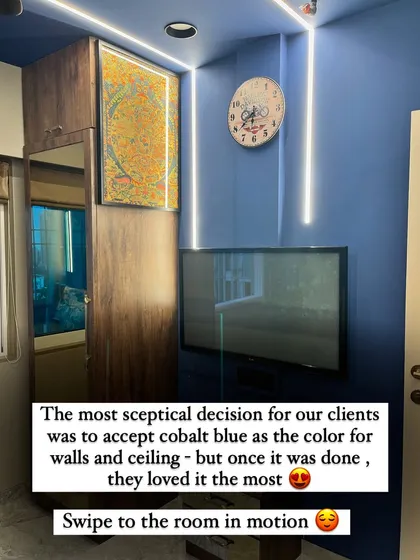 The clients were initially skeptical about the cobalt blue for the walls and ceiling, but it became their favorite feature, creating a dramatic and immersive personal space.