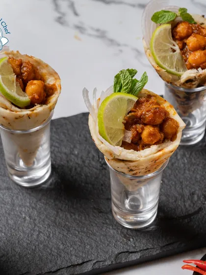 Our mini Chhole Kulcha cones, perfect for guests to enjoy while mingling.