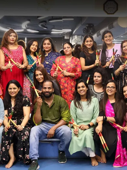 Another group photo from our Navratri Dandiya night. The colorful outfits and happy faces say it all.