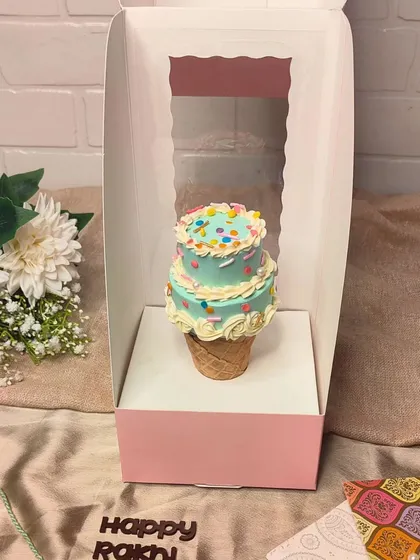 A special treat for Raksha Bandhan. This is my Cone Cake, a fun, ice-cream-shaped mini cake that was part of our Rakhi hampers this year. A sweet surprise for a sweet sibling bond.
