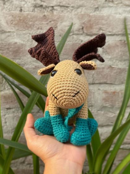 A front view of Durward the Moose. He has such a friendly and gentle face, and his little boots keep his feet warm.