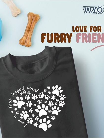 "Love is a four legged word." This t-shirt features a heart made entirely of paw prints, a sweet design for any dog or cat lover.