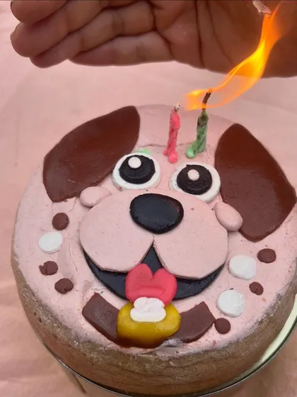 Lighting the candles on a custom dog-face cake. This is the moment right before the birthday chaos begins, and we love being a part of it.