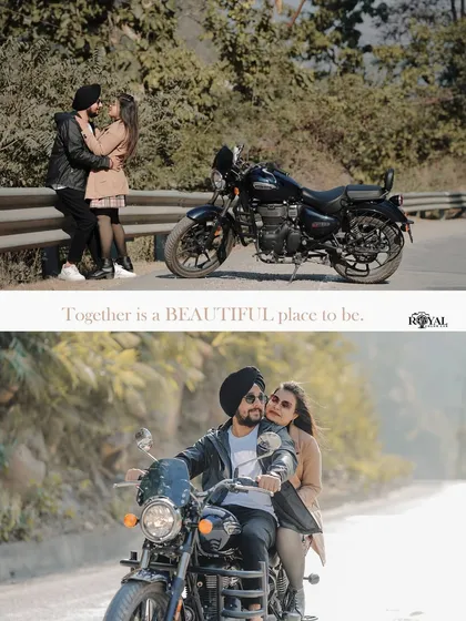 A collage featuring a couple with their bike, both posing and riding, perfectly illustrating the quote 'Together is a beautiful place to be'.