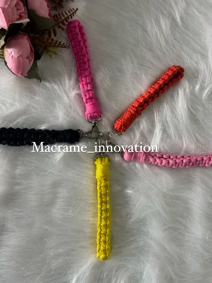 A colorful collection of my macrame wristlet keychains. They are a stylish and functional accessory to help you keep track of your keys.