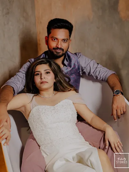 A modern and bold couple portrait with a stylish, artistic feel. This kind of shot is perfect for couples who want their pre-wedding photos to be contemporary, chic, and full of personality.