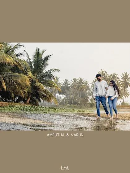 Walking hand-in-hand through a grove of palm trees, this image tells a story of a journey taken together.
