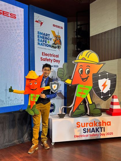 Here I am with "Suraksha Shakti," the electrical safety mascot I designed and created for BSES and the Ministry of Power. I turned a hand-drawn sketch into this full-fledged puppet in just 15 days.