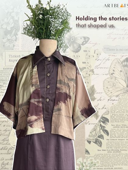 Holding the stories that shaped us. This image presents the Desert Mirage overlay as a piece of memory and history, layered over a deep brown dress.