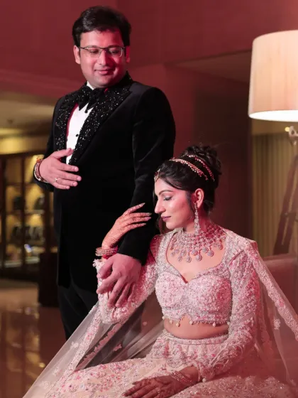 An intimate portrait of the couple. The bride's makeup is soft and romantic, creating a dreamy and timeless image.