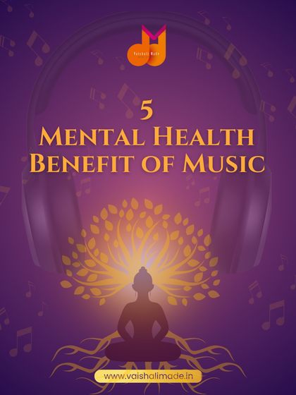 This graphic introduces a series on the five mental health benefits of music. It sets the stage by showing the connection between music, meditation, and mental well-being.