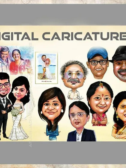 A showcase of my digital caricature work. This collage shows the variety of faces and styles I can create, from solo portraits to couples and groups.